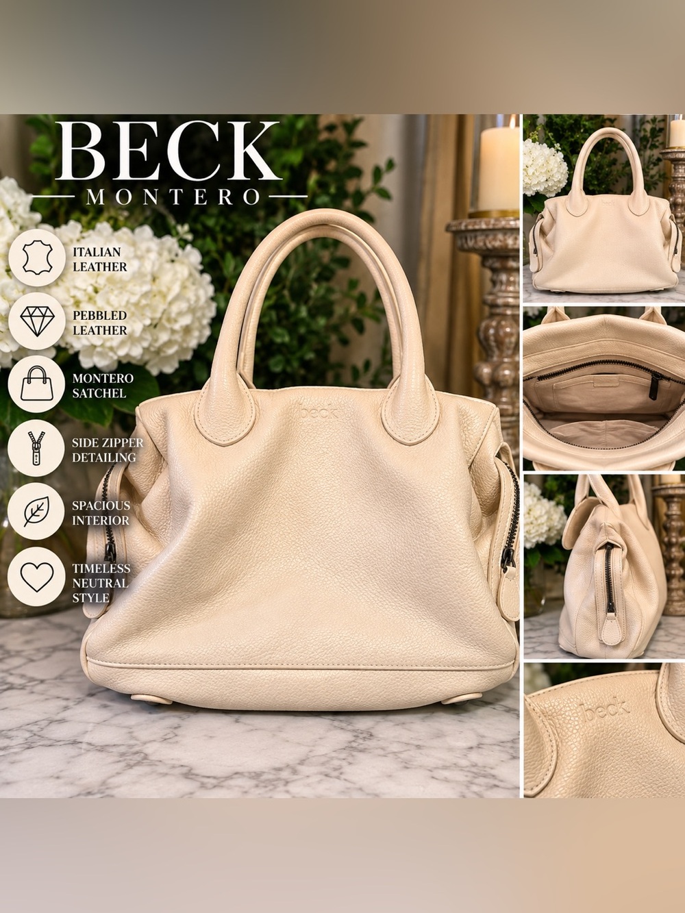 Beck Montero Bone Colored Italian Pebbled Leather Satchel Handbag